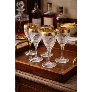 Set of 5 Vintage European Etched Champagne/Wine Glasses with Gold Trim